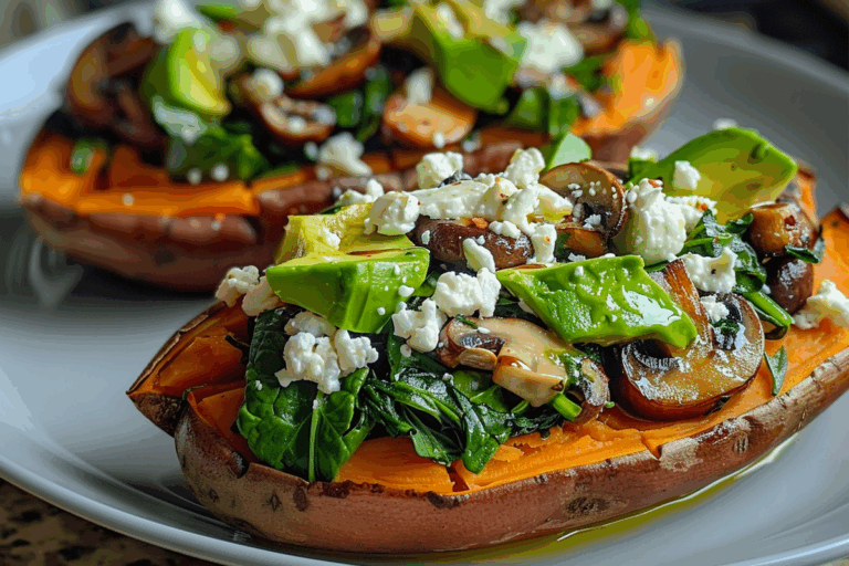 Stuffed Sweet Potatoes with Spinach Avocado Mushroom & Feta