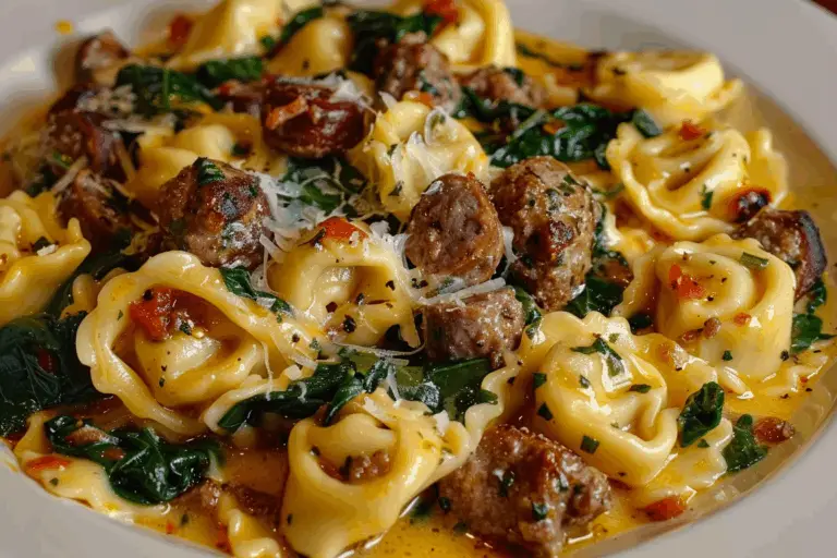 Creamy Garlic Butter Beef Tortellini with Italian Sausage and Spinach