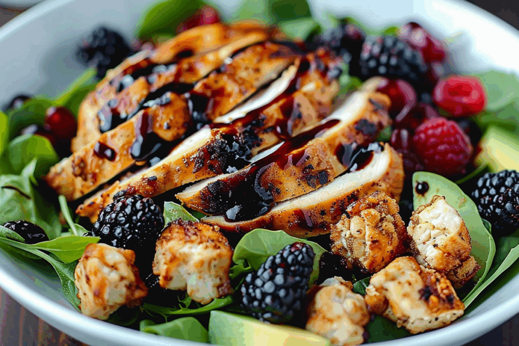 Blackberry Balsamic Grilled Chicken Salad with Crispy Fried Goat Cheese