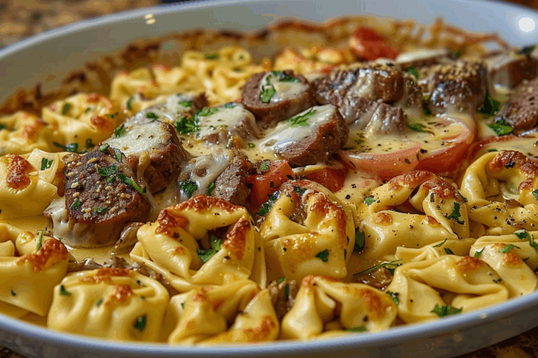 Creamy Philly Cheesesteak Tortellini Bake with Provolone Cheese