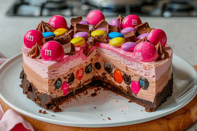 Pink M&M Snickers Cheesecake