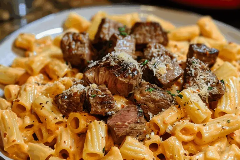 Cajun Steak Tips in Cheesy Rigatoni Parmesan Sauce