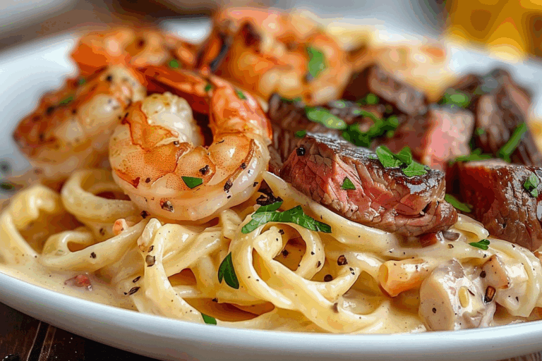 Cajun Shrimp and Steak Alfredo Pasta