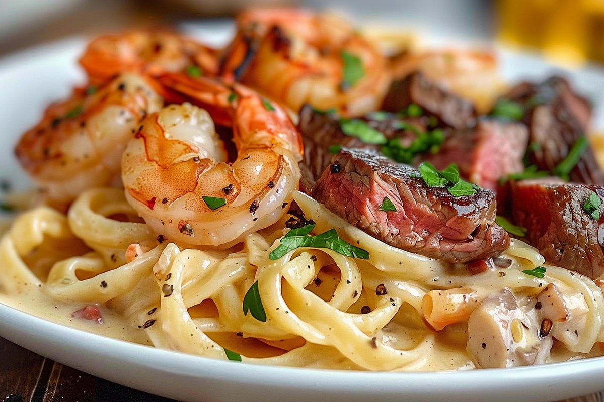 Cajun Shrimp and Steak Alfredo Pasta