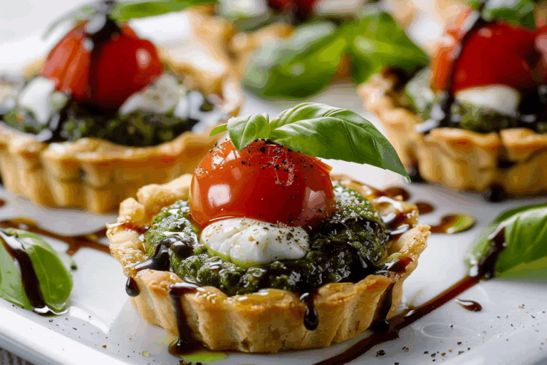 Pesto Bliss Tartlets with Mozzarella and Balsamic Burst