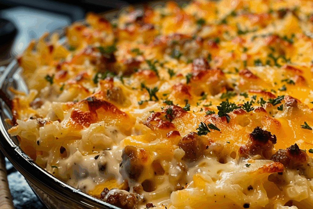 Creamy Cheesy Sausage Hashbrown Bake