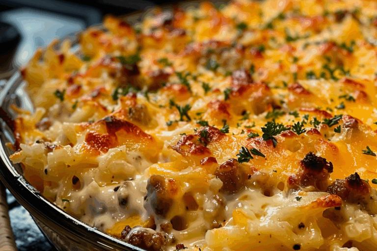 Creamy Cheesy Sausage Hashbrown Bake