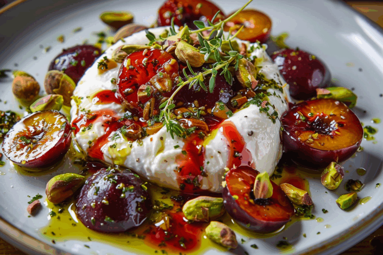 Burrata with Roasted Plums Pistachios and Thyme