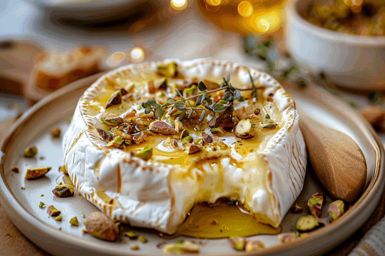 Whole Baked Camembert with Hot Honey and Pistachio Crunch
