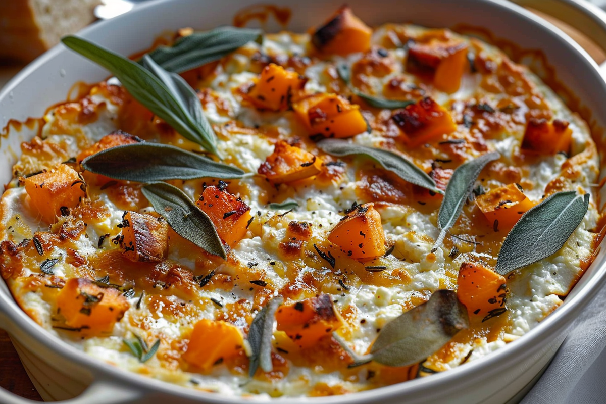 Baked Whipped Feta and Goat Cheese Dip with Sweet Potato Sage Magic