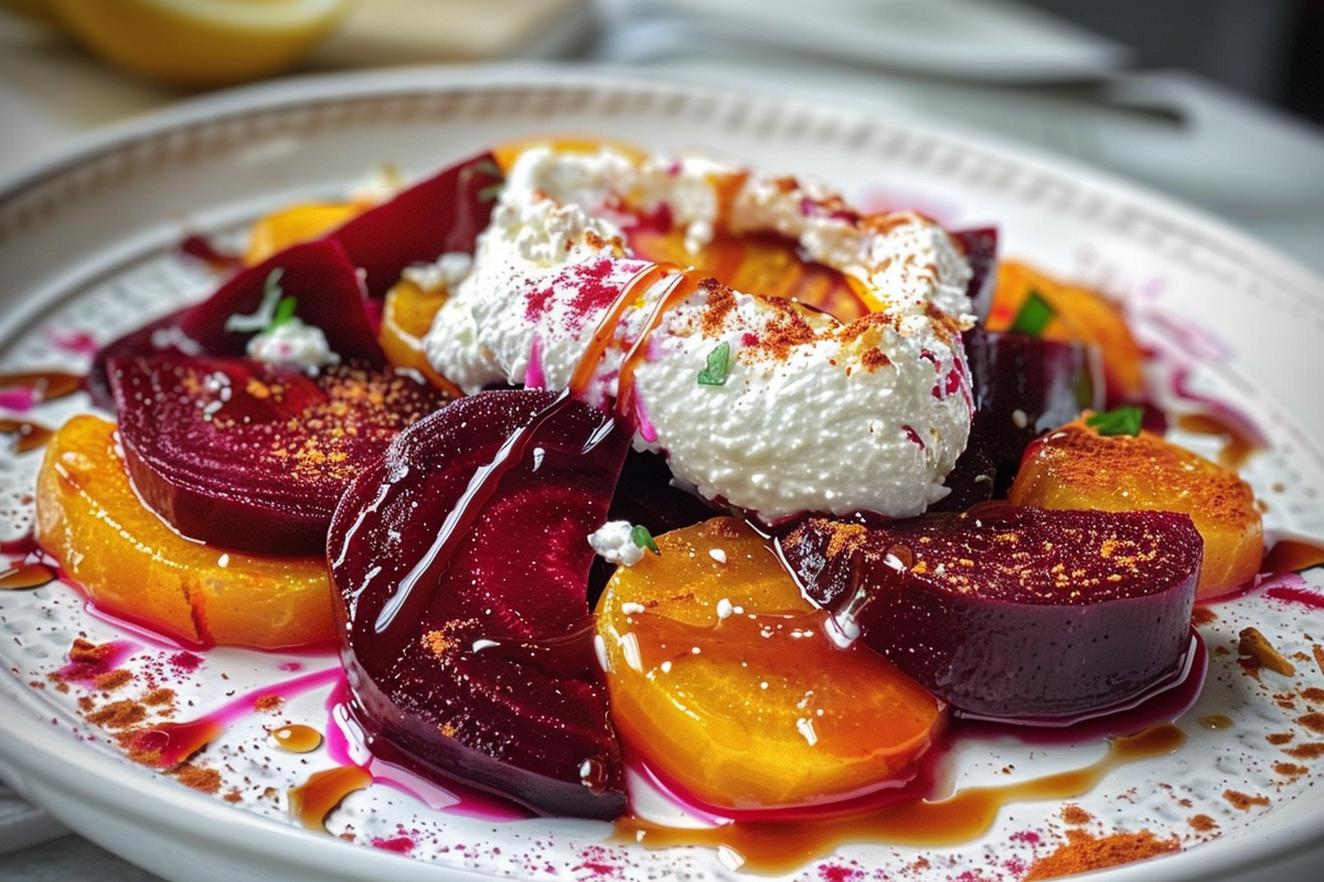 Glazed Beets with Whipped Goat Cheese and Spiced Maple Drizzle