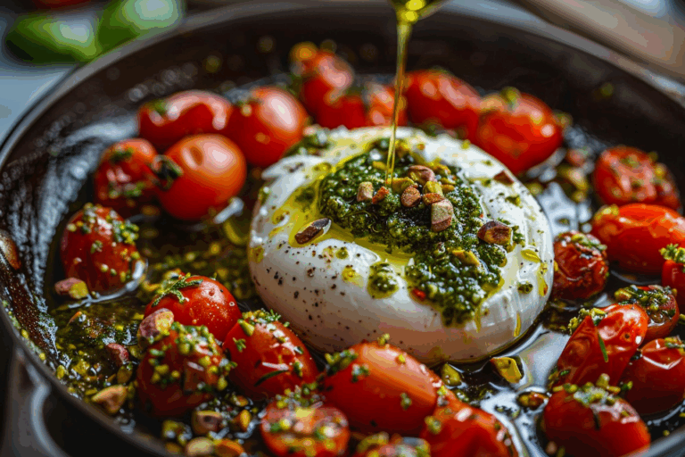 Skillet Burrata with Blistered Tomatoes & Pistachio Pesto Oil