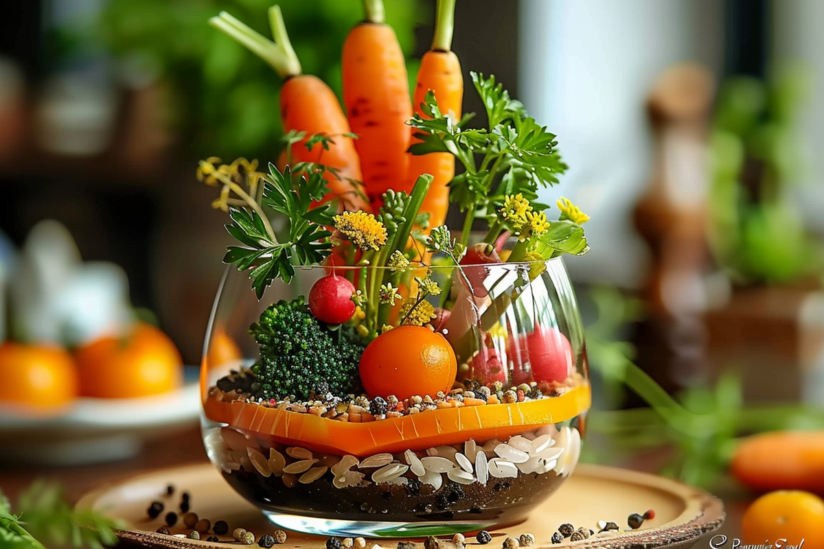 Miniature Harvest Glass Garden with Crunchy Veggies and Carrot Earth