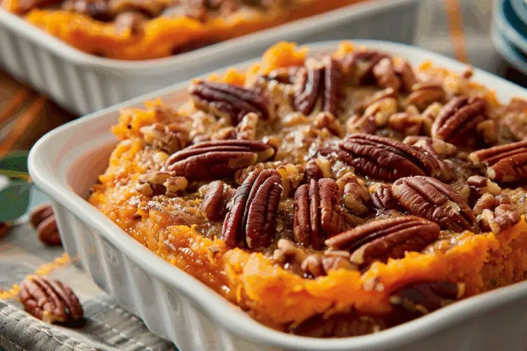 Sweet Potato Casserole Topped with Crunchy Pecans