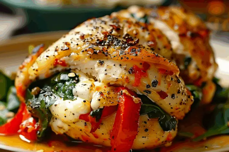 Roasted Red Pepper Spinach and Mozzarella Stuffed Chicken
