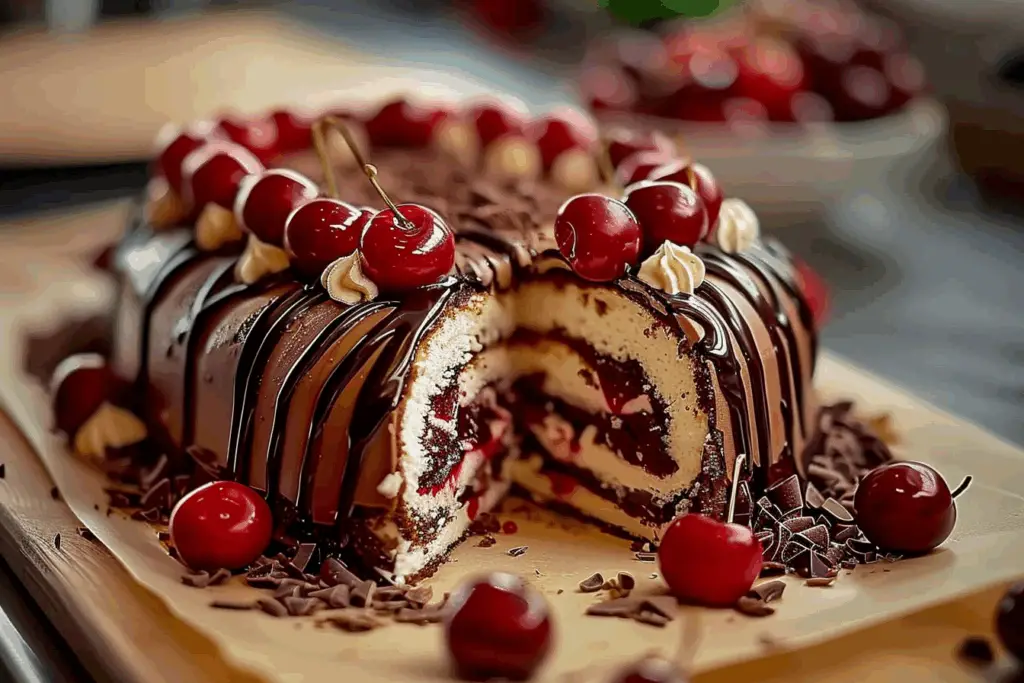 Swiss Chocolate Cherry Roll Cake