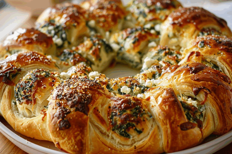 Tear & Share Puff Pastry Ring with Spinach Artichoke & Feta Dip