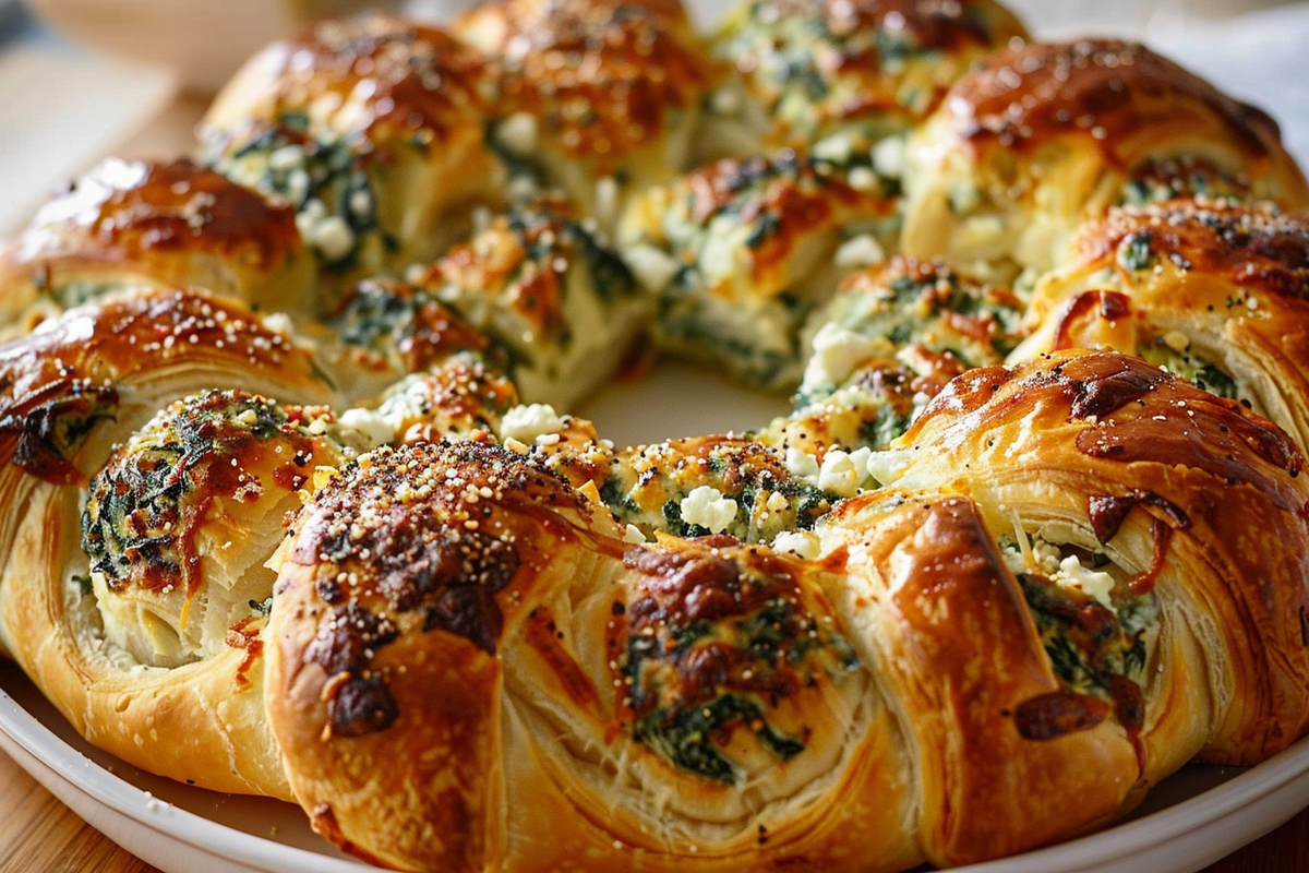 Tear & Share Puff Pastry Ring with Spinach Artichoke & Feta Dip