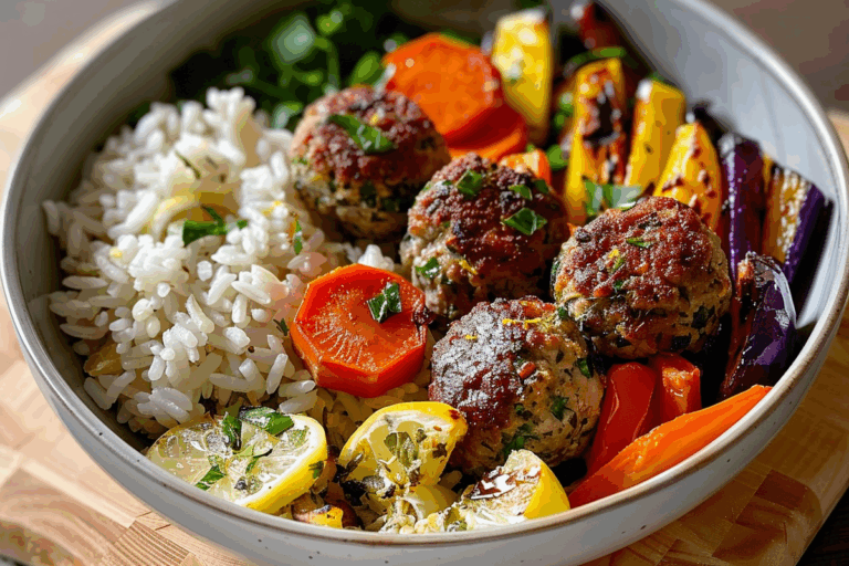 Spiced Meatball Bowl with Lemon Herb Rice and Roasted Veggies