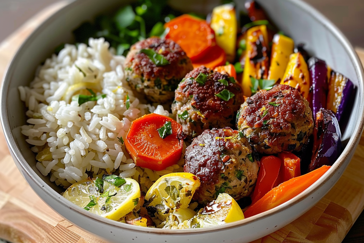 Spiced Meatball Bowl with Lemon Herb Rice and Roasted Veggies