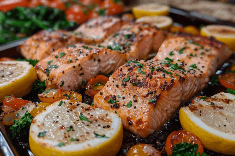 Salmon Sheet Pan Supper with Horseradish Sauce