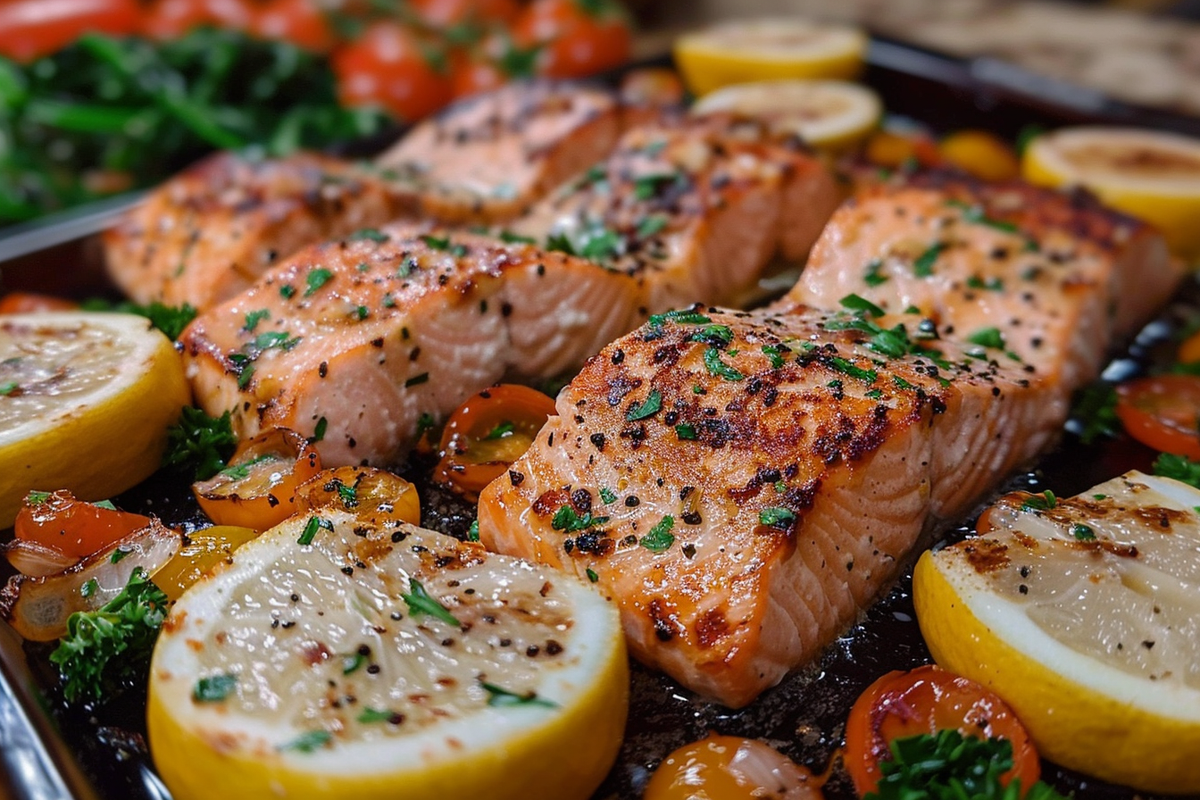 Salmon Sheet Pan Supper with Horseradish Sauce