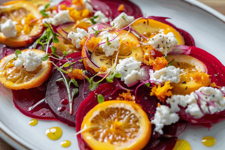 Roasted Beet Carpaccio with Whipped Goat Cheese and Orange Crunch