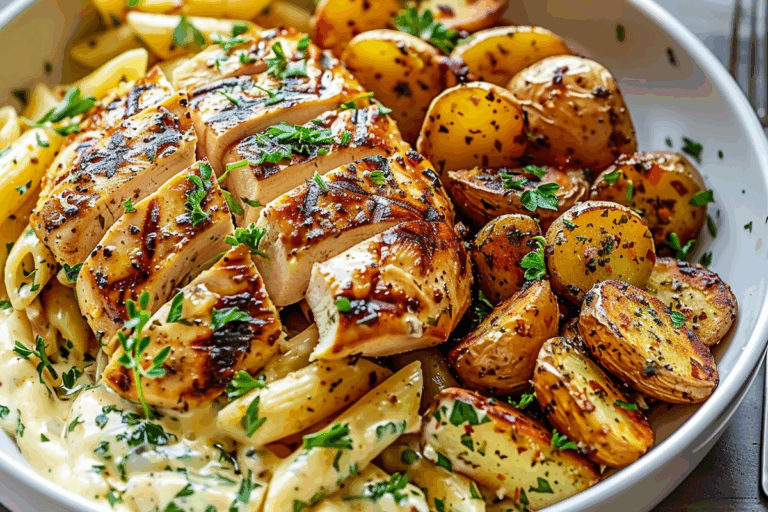 Char-Grilled Chicken Bowl with Garlic Cream Pasta and Crispy Herb Potatoes