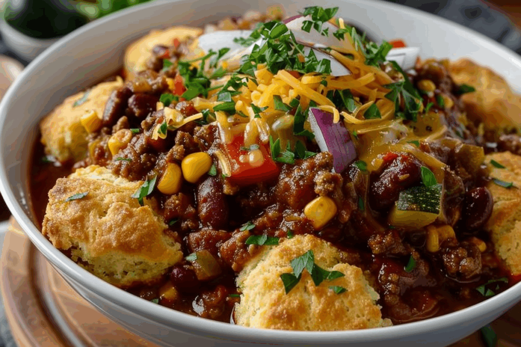 Roasted Vegetable Chili with Cornbread Biscuits