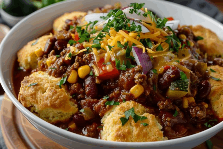 Roasted Vegetable Chili with Cornbread Biscuits