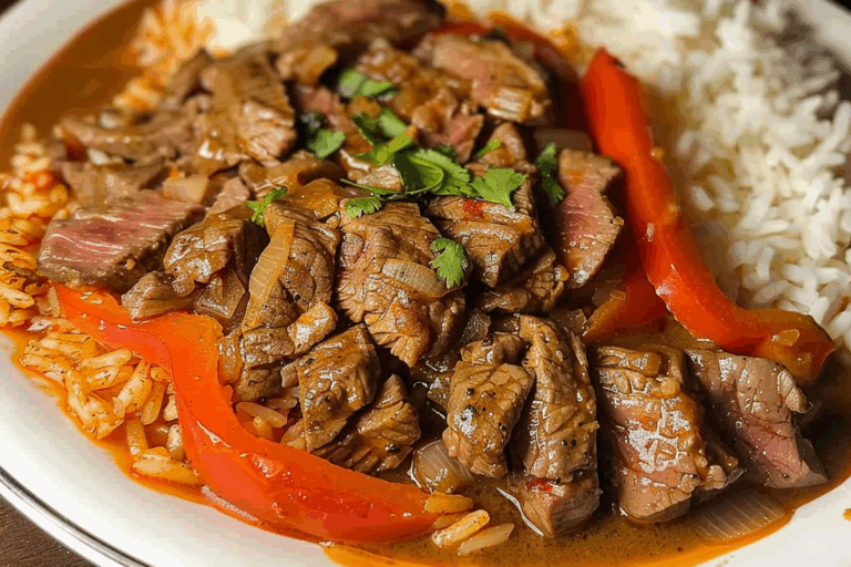 Grilled Beef with Mexican Rice Grilled Red Pepper and Onion
