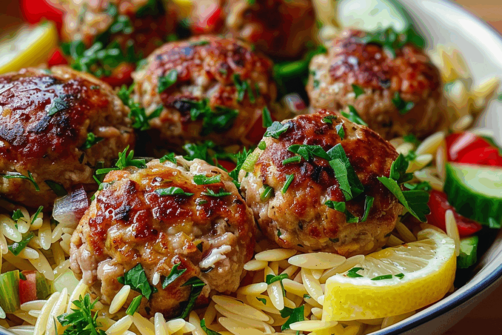 Baked Ricotta Lemon Meatballs over Orzo Salad