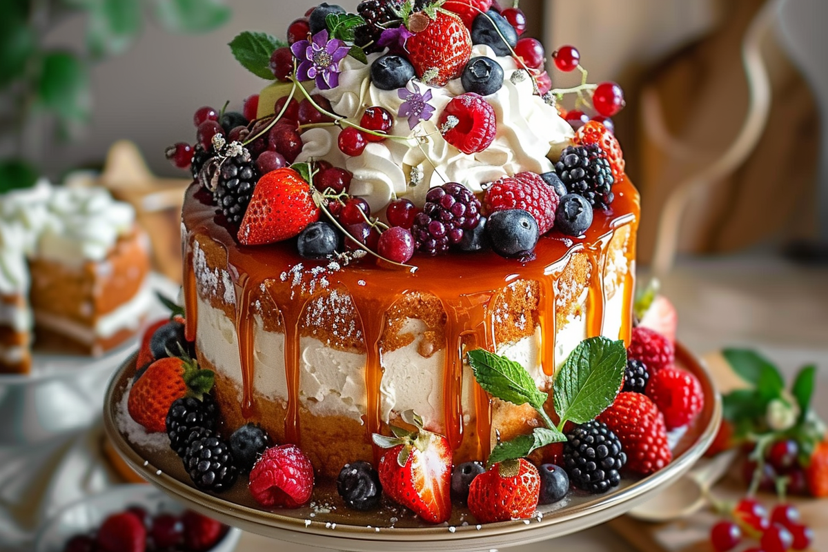 Rustic Caramel Drip Cake with Whipped Vanilla Cream & Fresh Berries