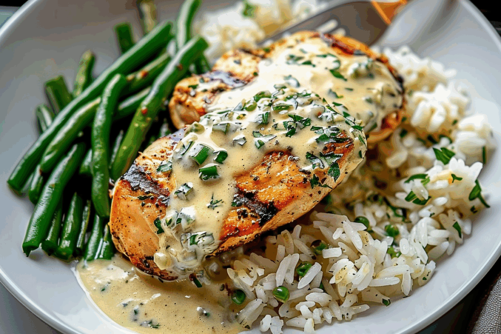 Grilled Chicken with Creamy Herb Sauce Rice & Green Beans