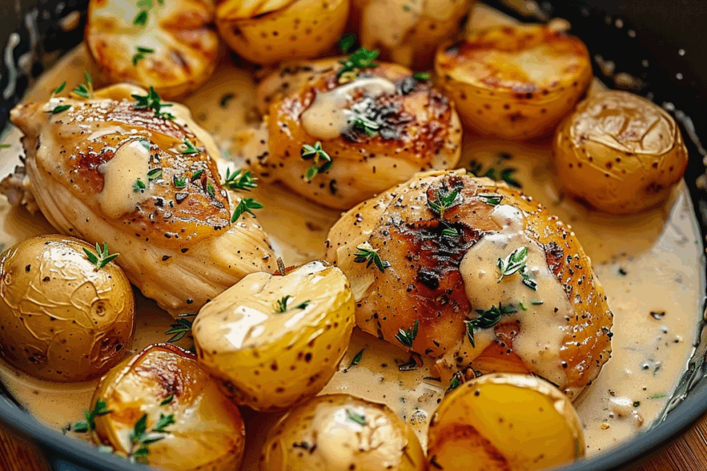 Creamy Garlic Chicken with Golden Baby Potatoes