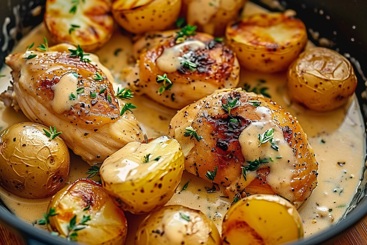 Creamy Garlic Chicken with Golden Baby Potatoes