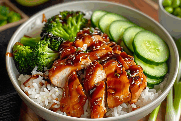 Teriyaki Chicken Bowl with Rice Broccoli and Crisp Cucumber