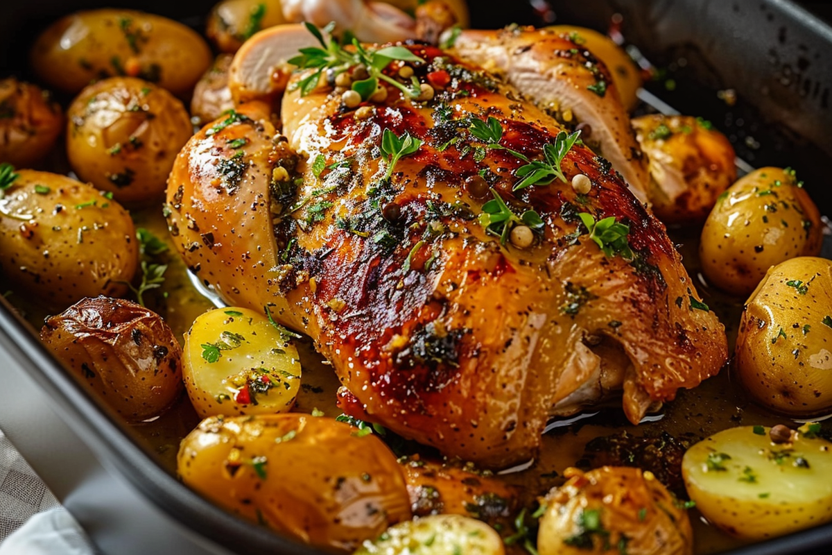 Herb Butter Roasted Chicken with Baby Potatoes