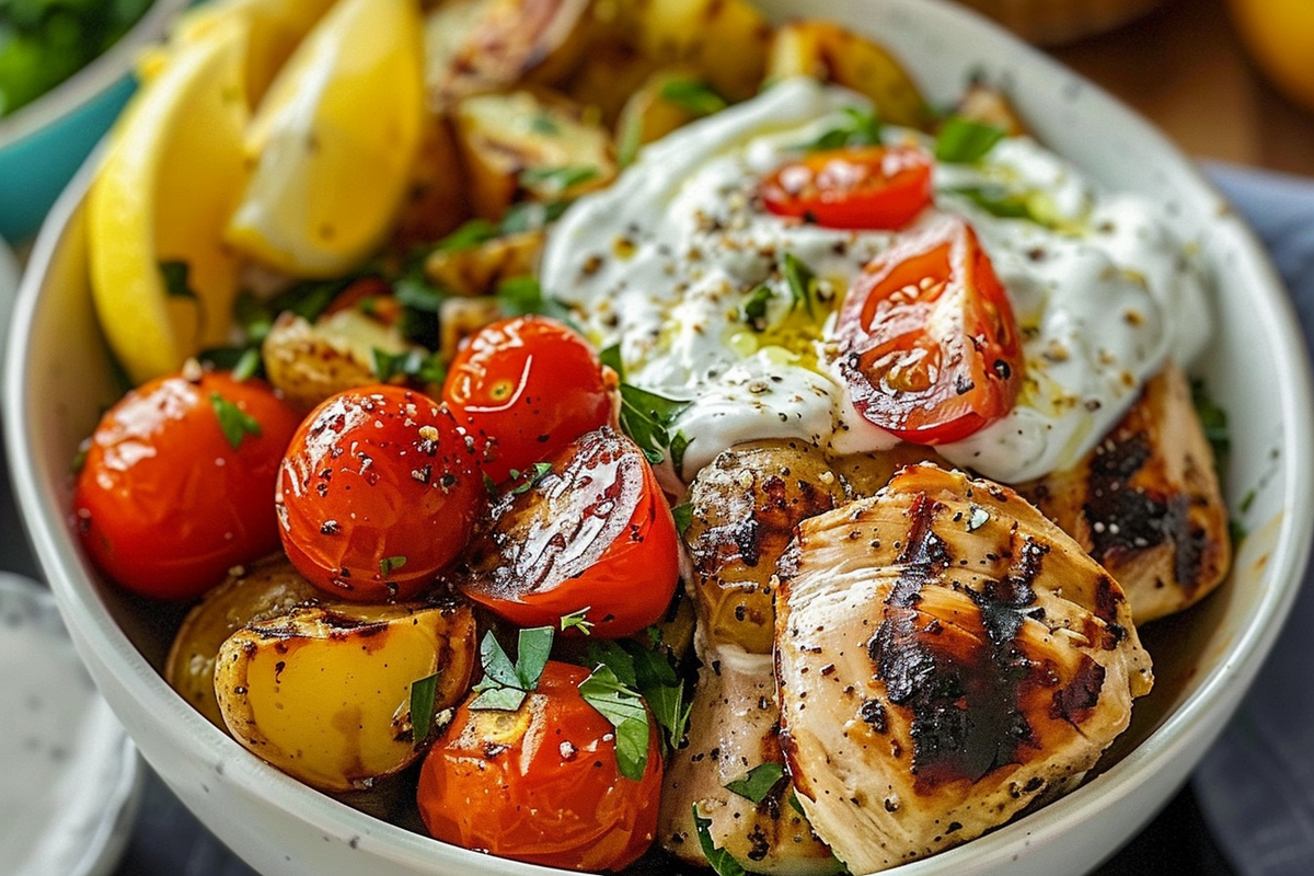 Grilled Chicken Bowl with Roasted Potatoes Burst Tomatoes and Creamy Lemon Tzatziki