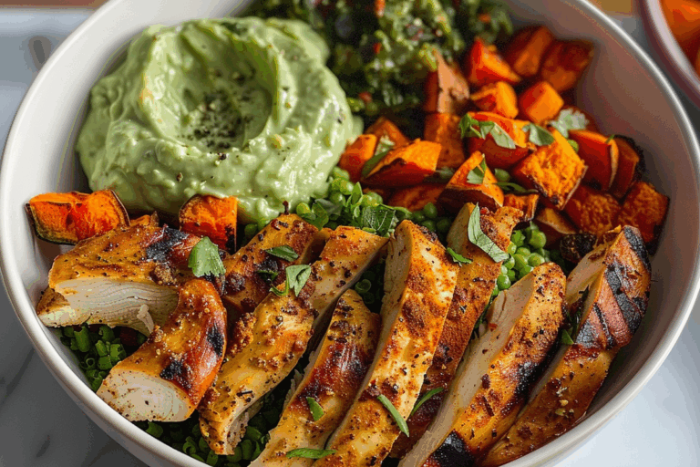 Spiced Chicken Bowl with Roasted Sweet Potatoes and Creamy Avocado Yogurt Dip