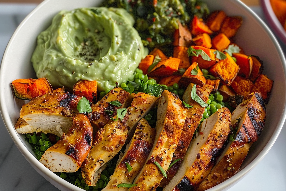 Spiced Chicken Bowl with Roasted Sweet Potatoes and Creamy Avocado Yogurt Dip