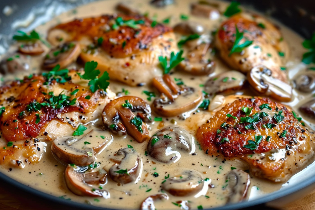 Creamy Asiago and Mustard Chicken and Mushroom Skillet