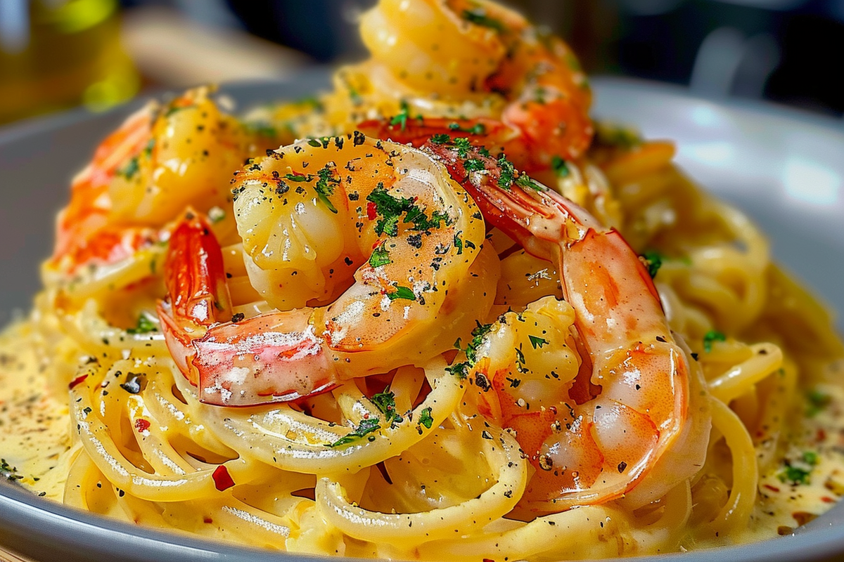 Creamy Cheddar Sauced Linguine & Shrimp
