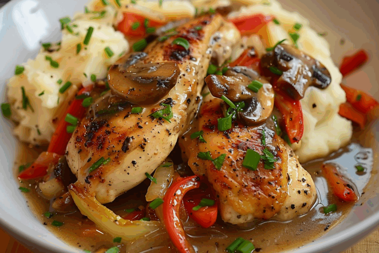 Ultimate Pan-Seared Chicken with Pepper and Mushroom Gravy and Creamy Mashed Potatoes