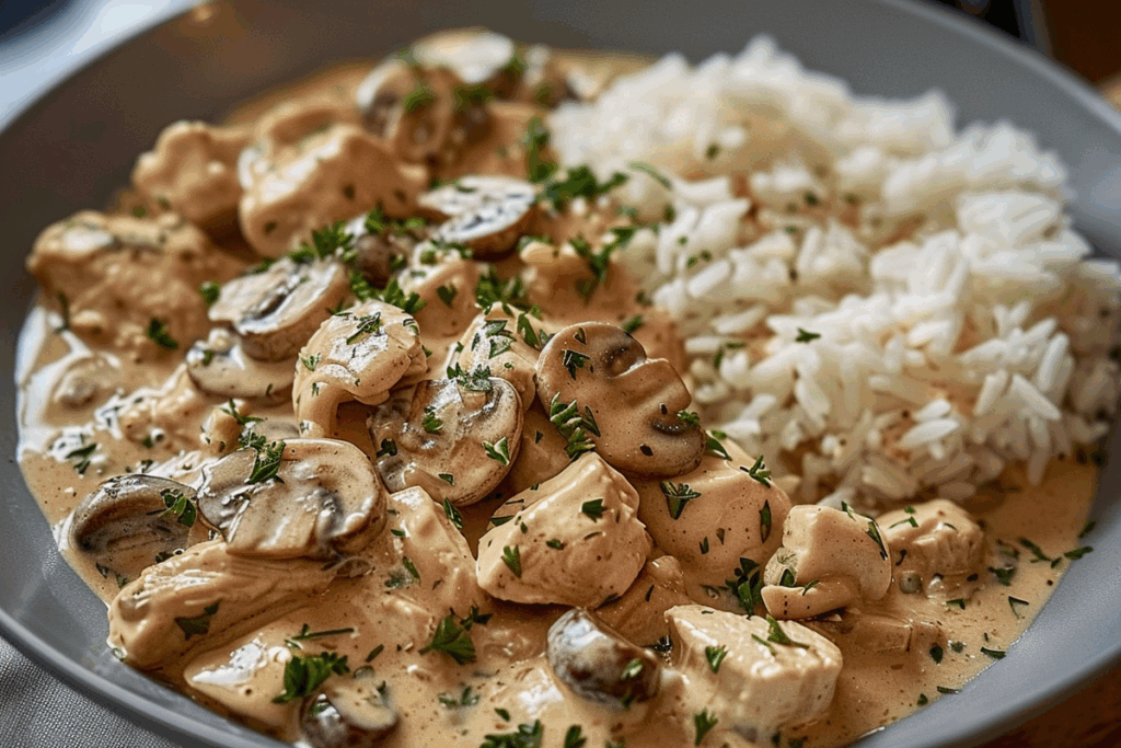 Garlic Cream Chicken with Mushrooms and Fluffy Rice