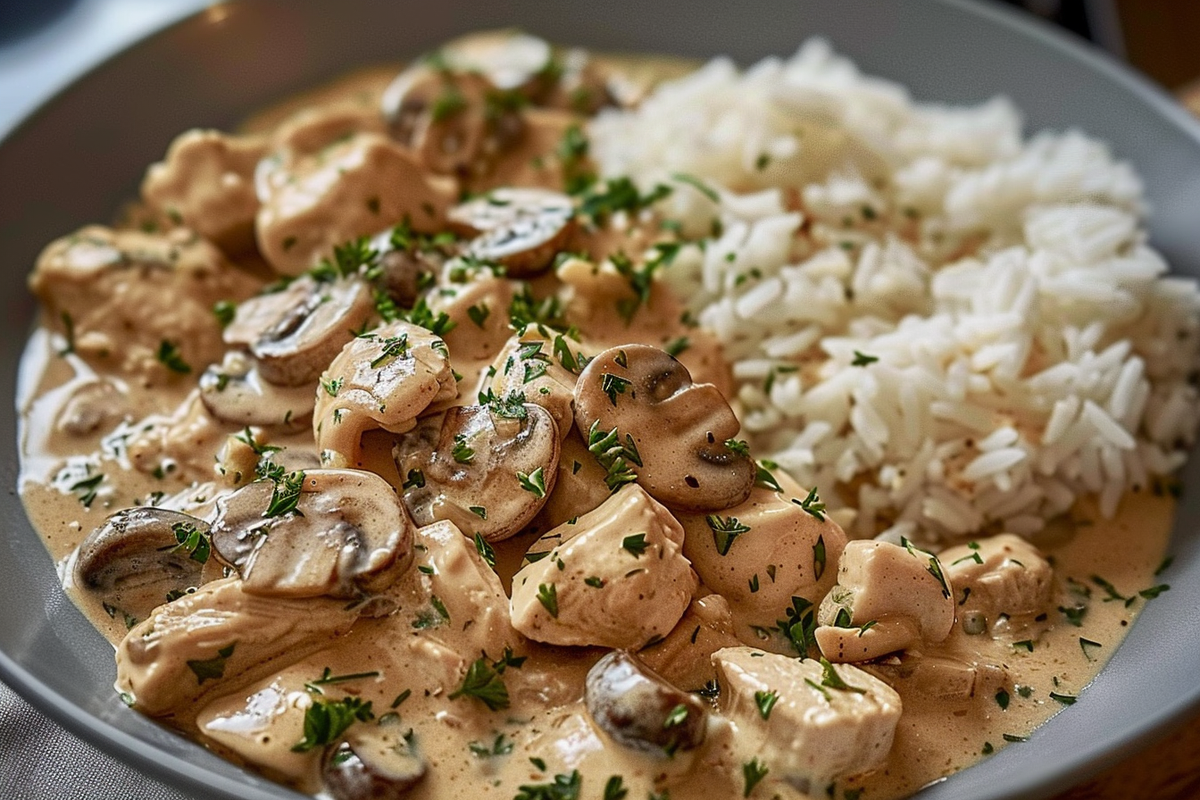 Garlic Cream Chicken with Mushrooms and Fluffy Rice