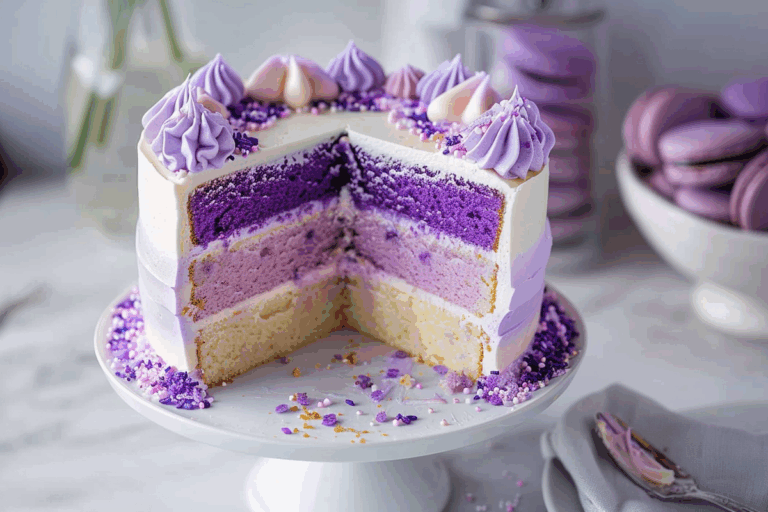 Lavender Ombre Layer Cake with Vanilla Buttercream & Macarons