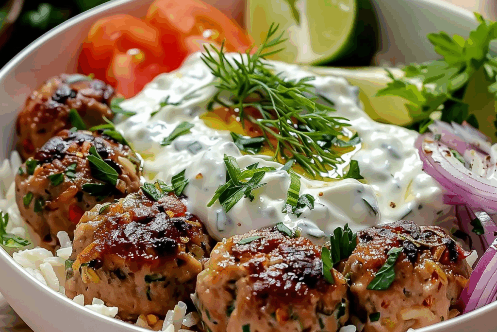 Mediterranean-Style Meatball Rice Bowl with Tzatziki Magic