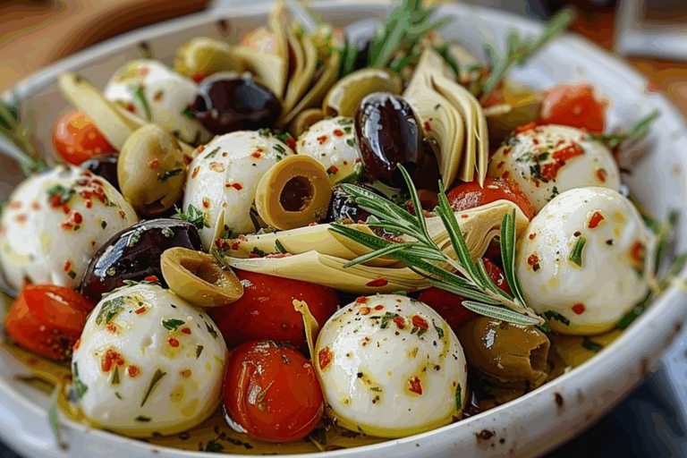 Marinated Mozzarella Balls Artichokes and Olives