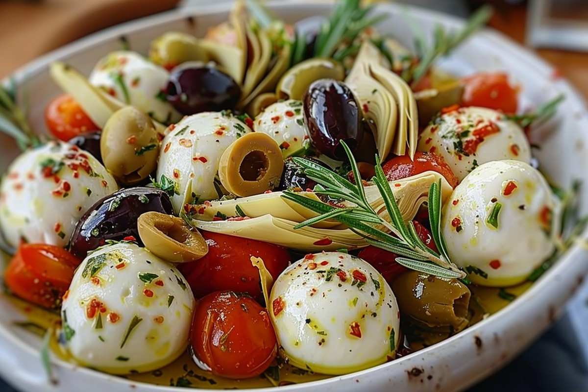 Marinated Mozzarella Balls Artichokes and Olives